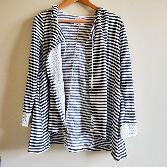Skies Are Blue Striped Open Front Hooded Top‎ Sweatshirt Hoodie Womens S Pockets - Picture 1 of 7